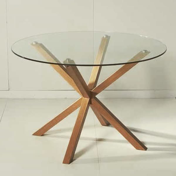 Mesa con cubierta de cristal y base de madera fabricada bajo pedido